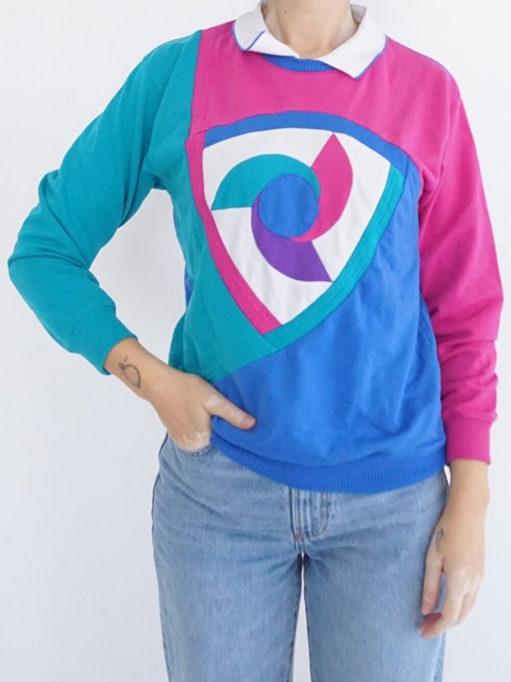 Vintage Blast Art Colorblock Abstract Print Sweater Pink Blue Collared Top P